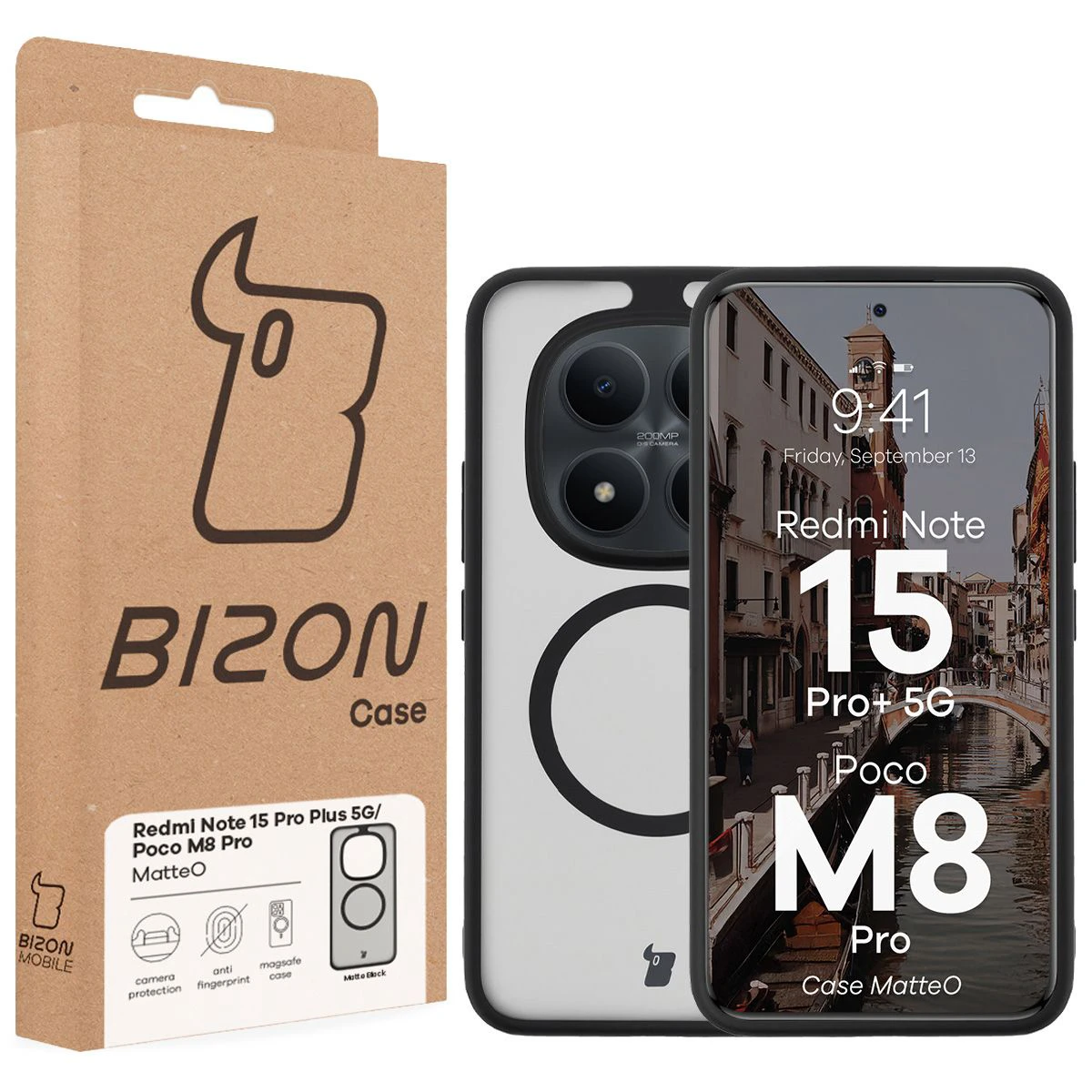 Przód pudełka Bizon Case z dedykowaną etykietą do Xiaomi Redmi Note 15 Pro Plus 5G / Poco M8 Pro